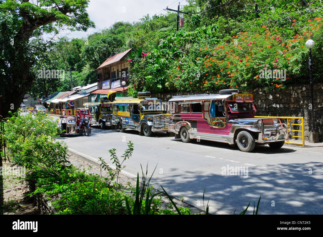 Street Scene, Jeepneys, Tricycle, Puerto Galera, Oriental Mindoro, Philippines, Southeast Asia Stock Photo