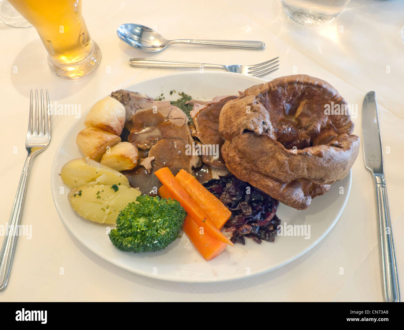 Traditional English Sunday Pub Lunch roast lamb Yorkshire pudding