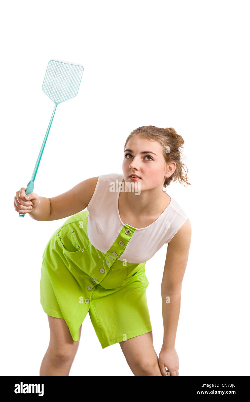 woman with fly swatter Stock Photo Alamy