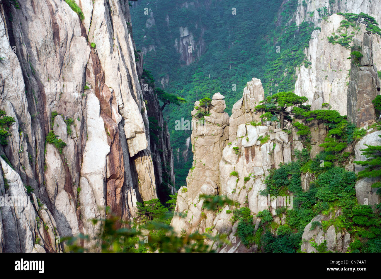 Scenic Huangshan mountain complex from atop a peak in China Stock Photo