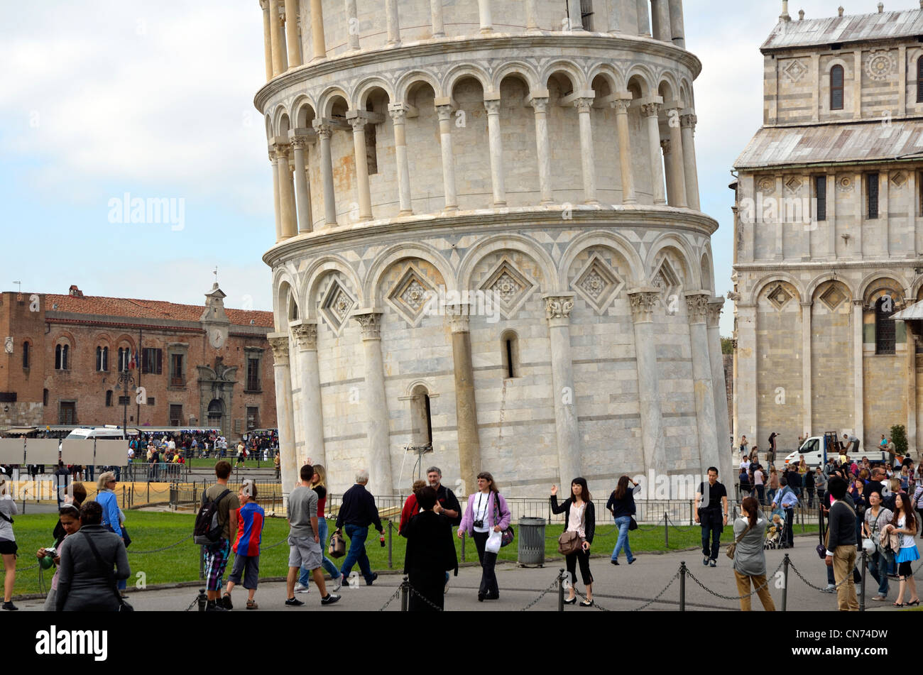 The lower storeys of the Leaning Tower of Pisa, Tuscany, Italy, Europe. Stock Photo