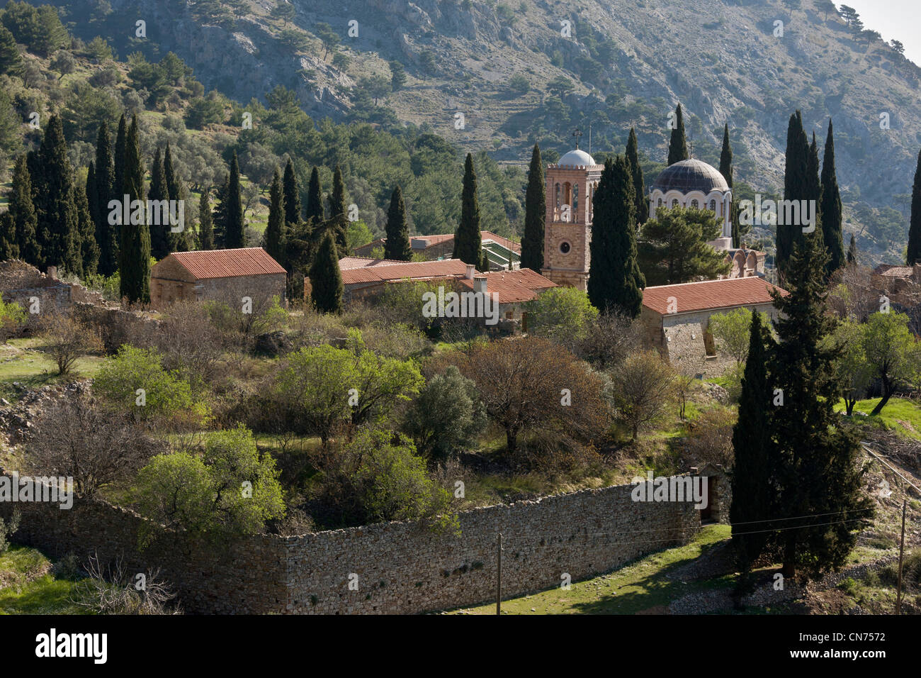 Nea Moni, ancient 11th century Byzantine monastery in the mountains of Chios, Greece. Stock Photo