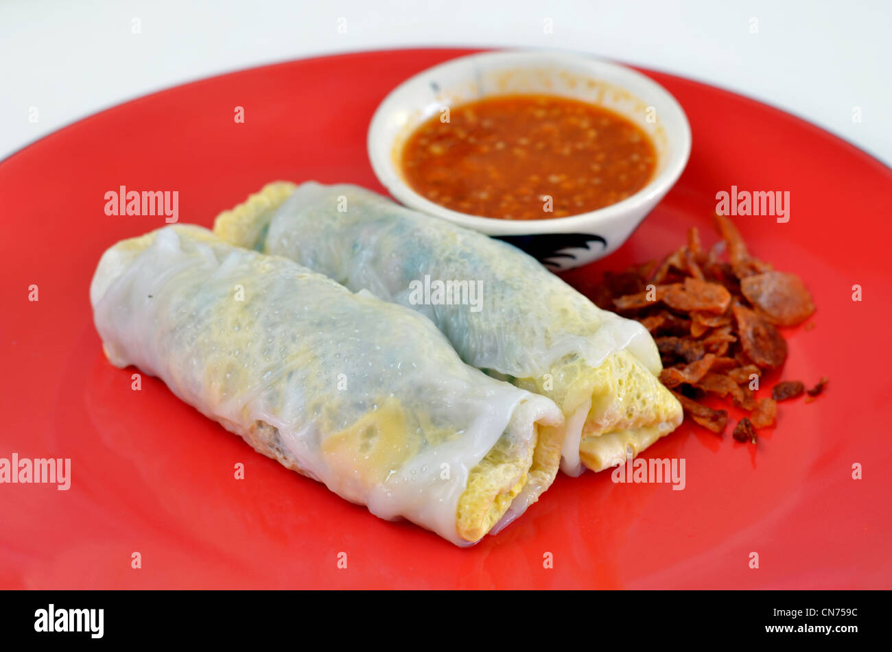 Vietnamese rice noodle rolls with a filling of pork sliced and egg