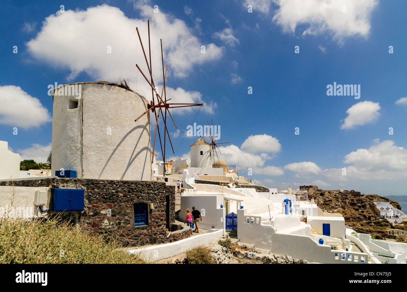 Santorini - Windmills on the Greek island of Santorini, Greece Stock Photo