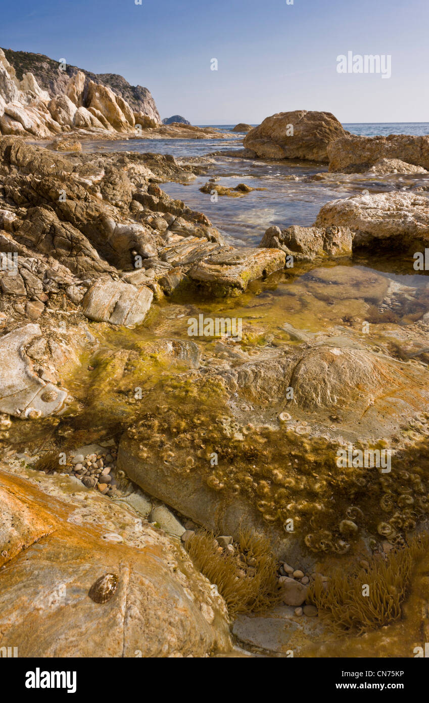 Rock-pools in the Aegean Sea at Vroulidhia Bay, near Dhotia, on the south coast of Chios, Greece. Stock Photo