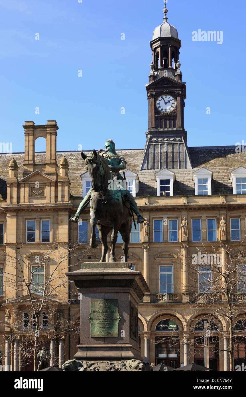 Bronze sculpture by Thomas Brock of Edward of Woodstock or Black Prince on horseback outside old Post Office building in Leeds Stock Photo