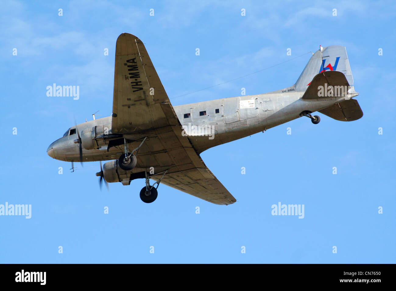 Hardy Aviation Douglas DC-3 Dakota VH-MMA landing on Darwin Airport. Australia Stock Photo