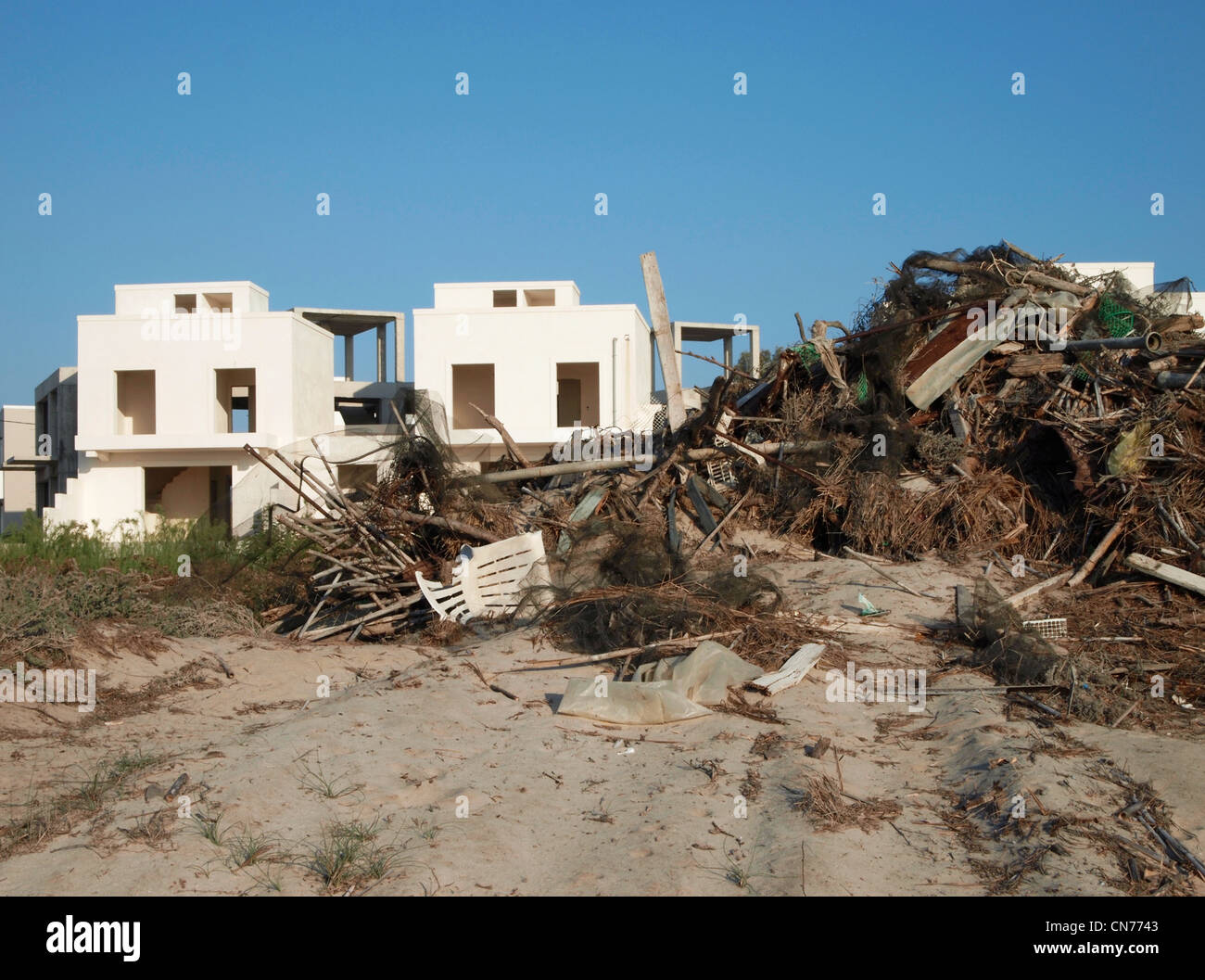 apartments under construction and bulk rubbish, Mastichari, Kos, Greece Stock Photo