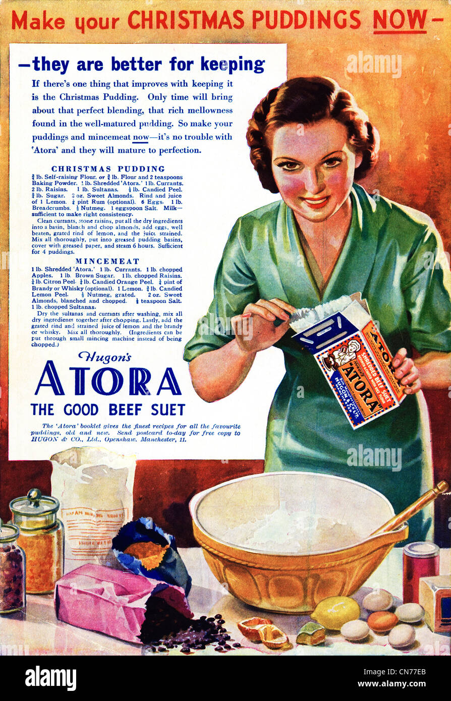 Original 1930s consumer magazine advertisement advertising ATORA beef suet to make Christmas pudding Stock Photo