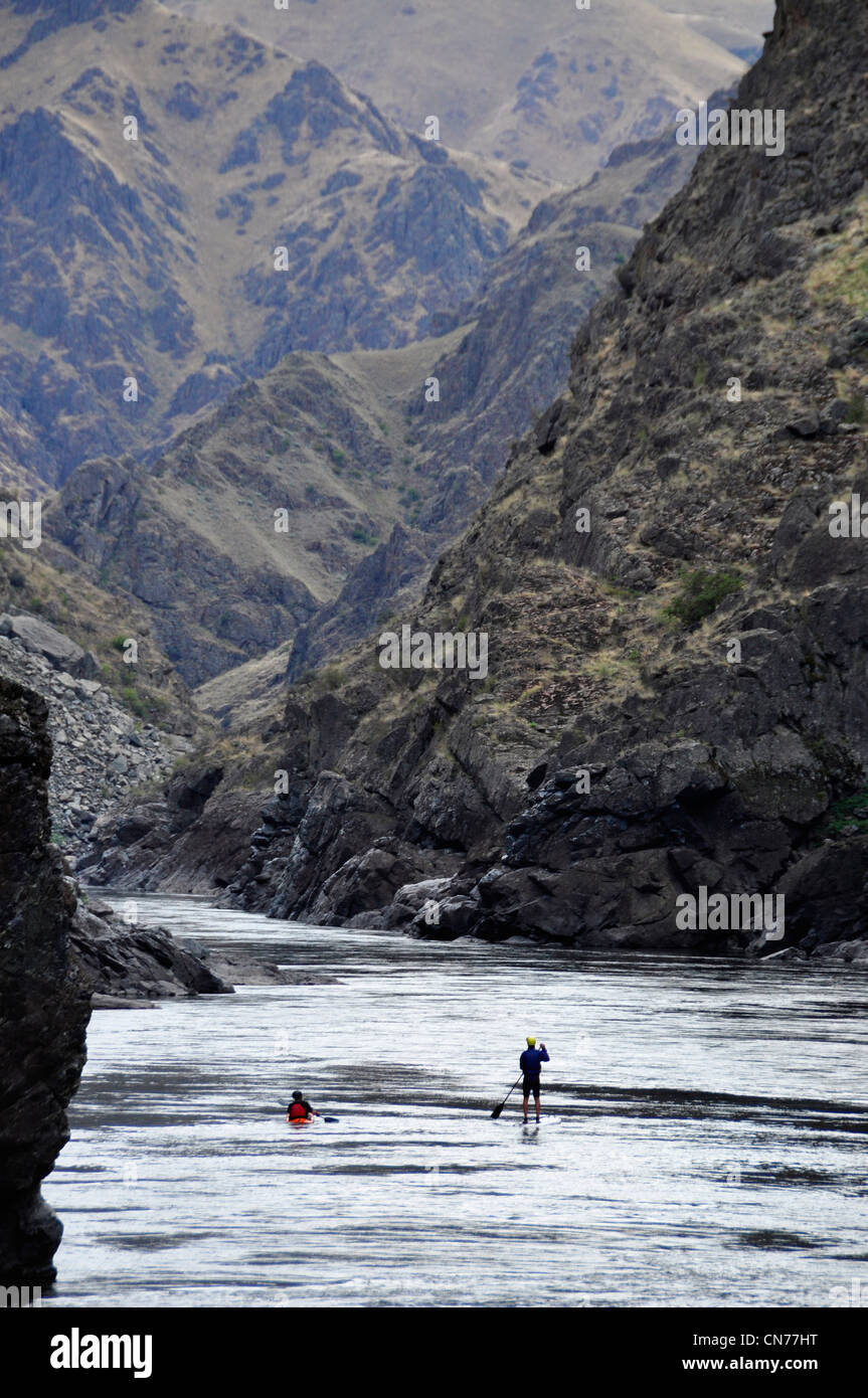 Stand up paddler and kayaker on Idaho's Lower Salmon River Stock Photo
