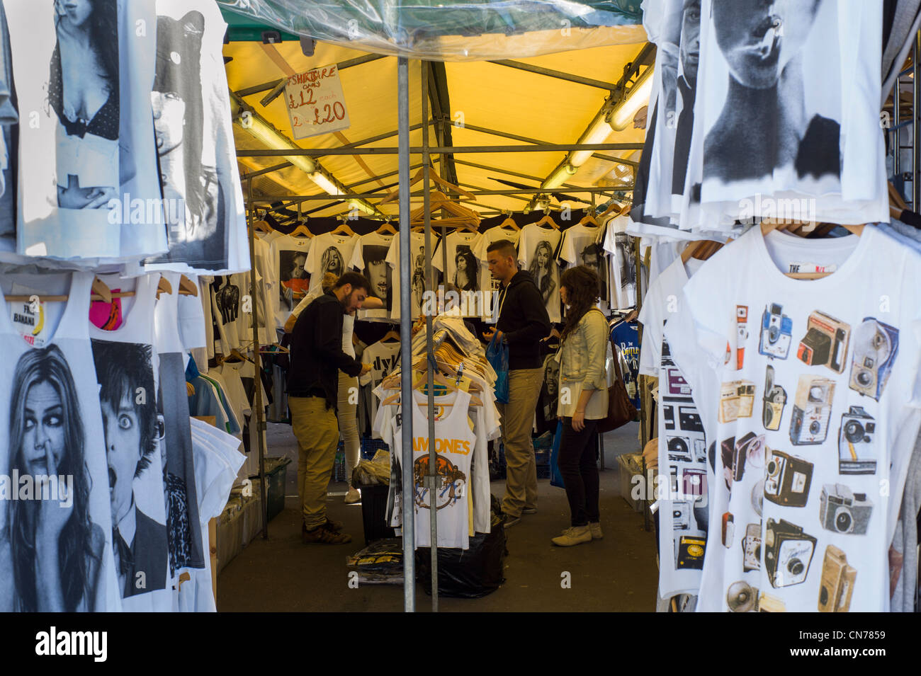 T shirt market stall in Camden Market, Camden Town, London, England