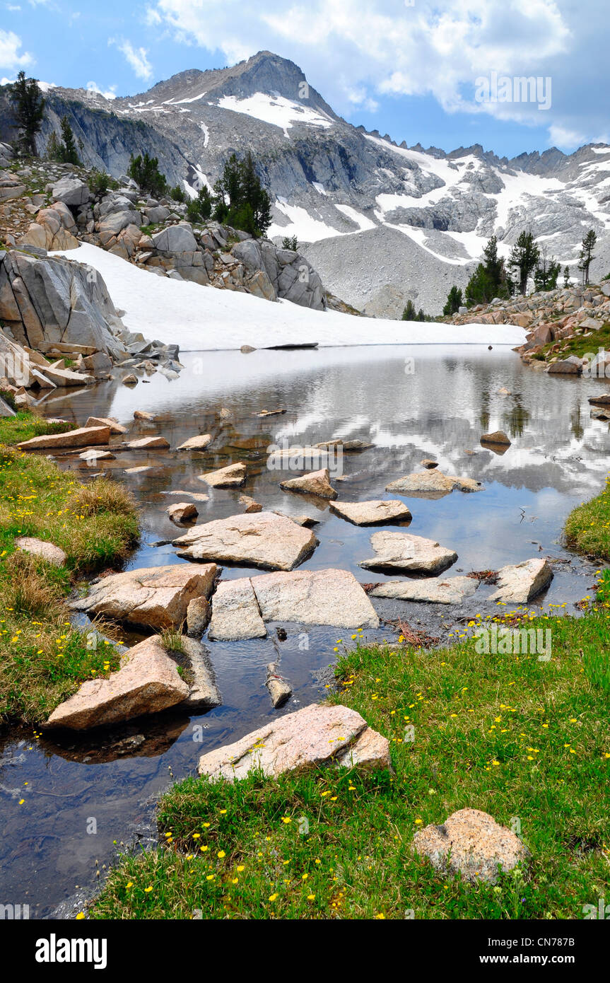 Seasonal pond below Glacier Peak in Oregon's Wallowa Mountains. Stock Photo