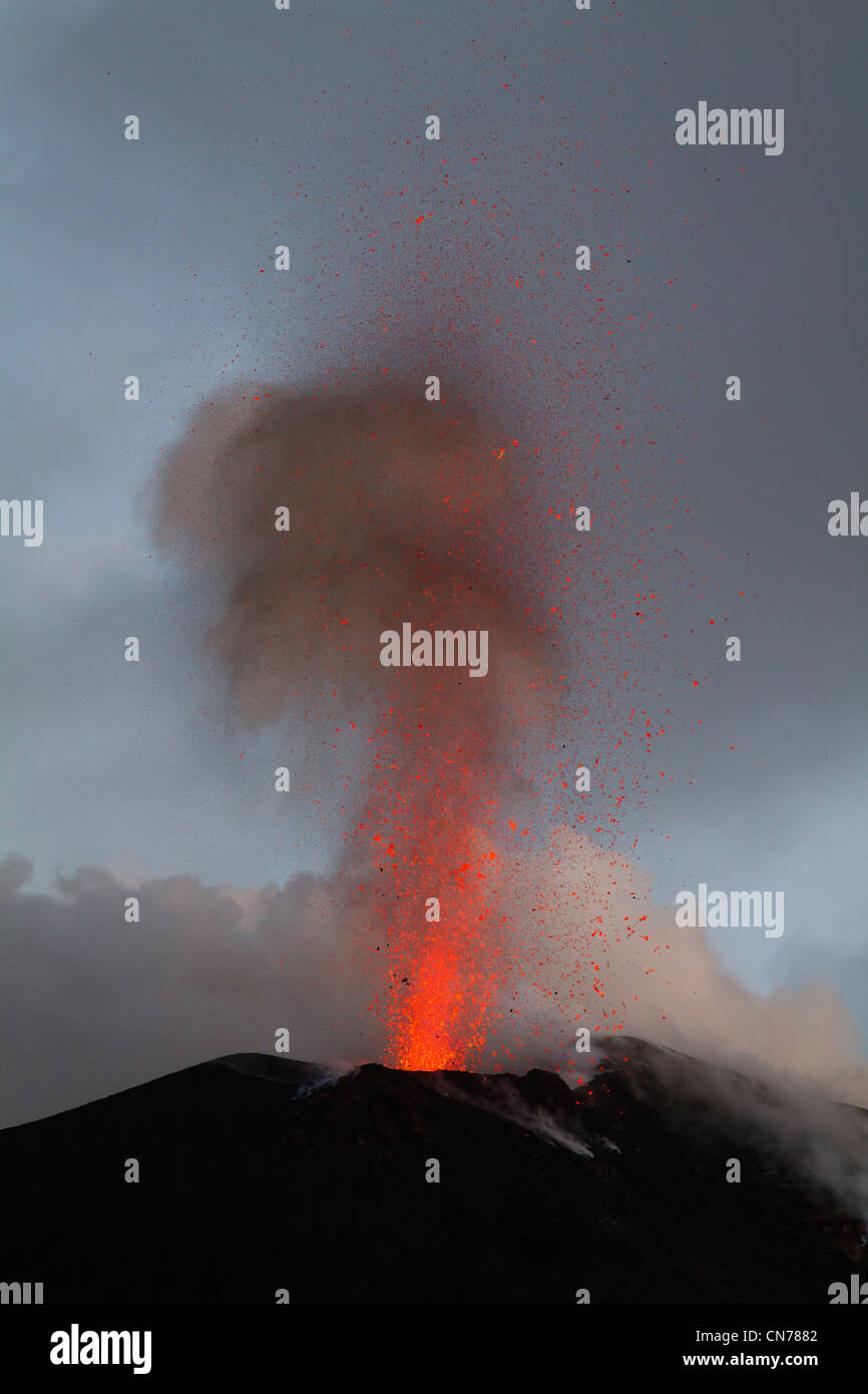 Strombolian eruption on the volcanic island of Stromboli, Sicily, Italy Stock Photo