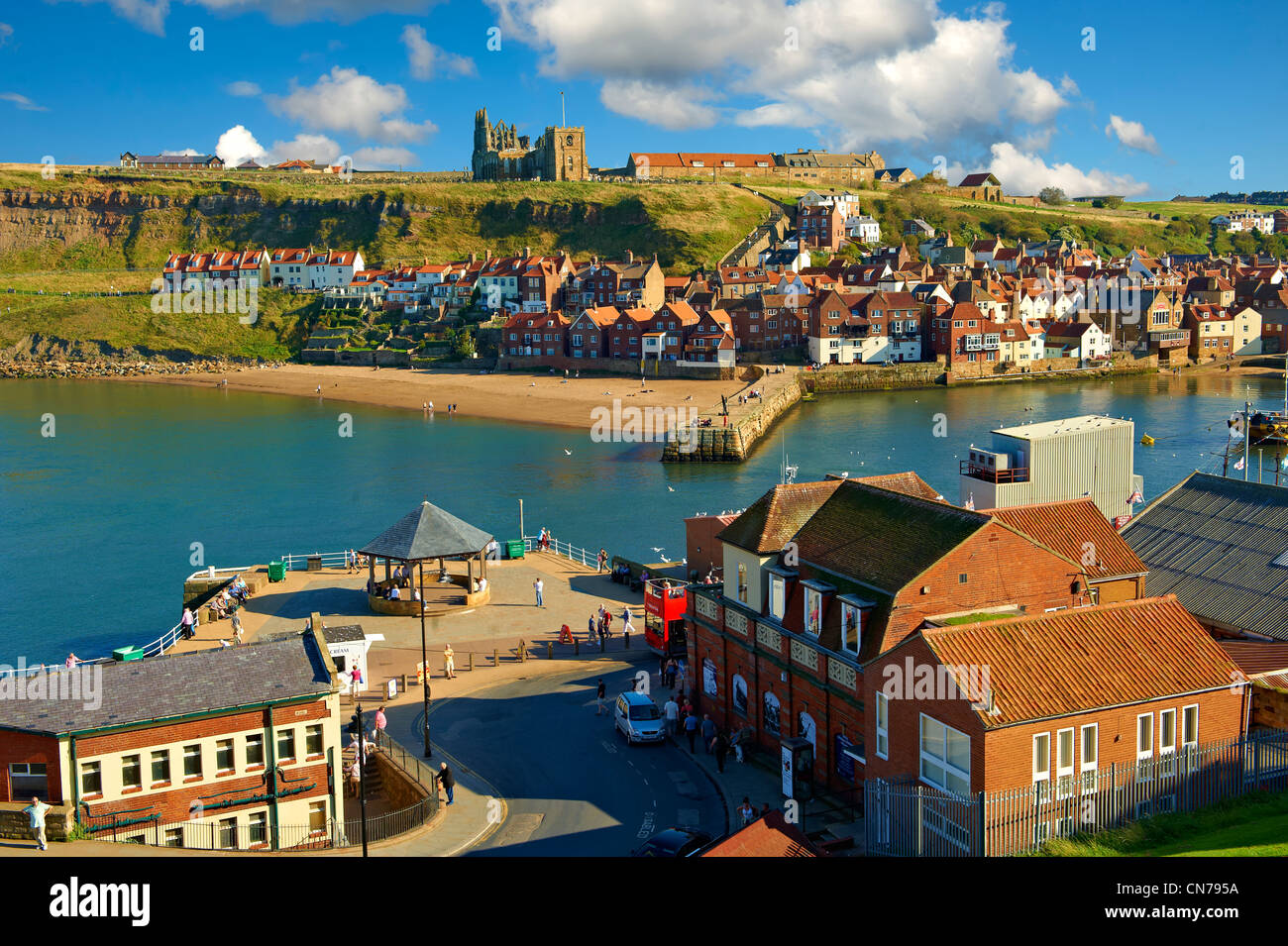 Whitby harbour looking towards Whitby Abbey . Whitby, North Yorkshire, England Stock Photo
