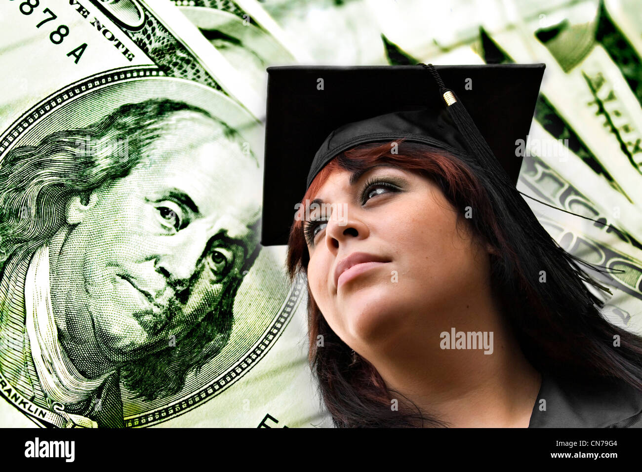Conceptual image about college scholarships or student loans and education related expenses. Graduate girl wearing cap and gown. Stock Photo