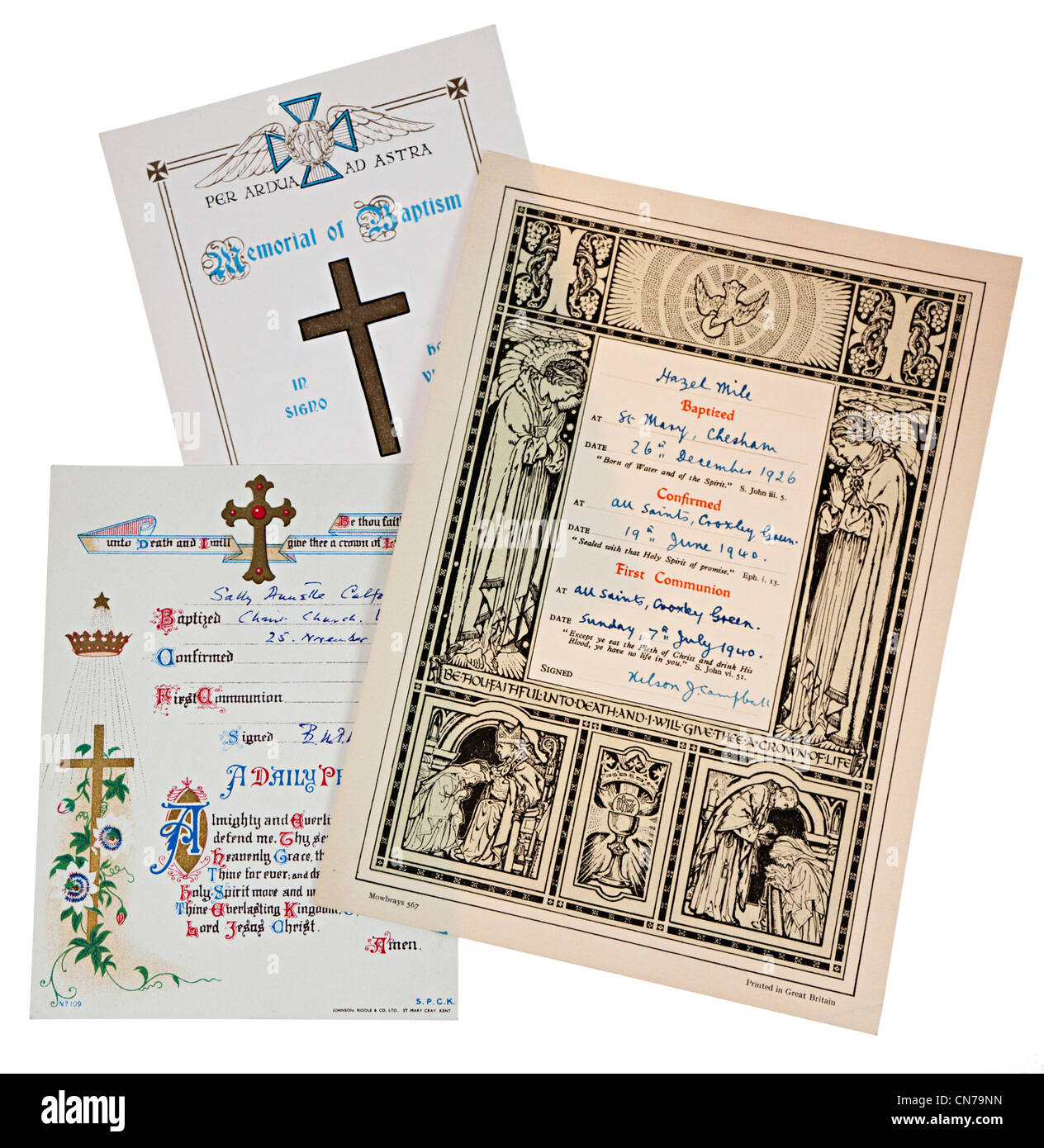 Selection of baptism, confirmation and communion religious records for family history, UK Stock Photo