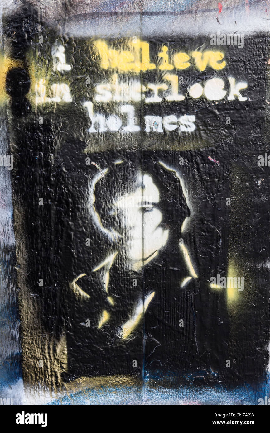 Graffiti of Sherlock Holmes with surreal effect, the artist has managed to make one side look in focus and one side out of focus Stock Photo