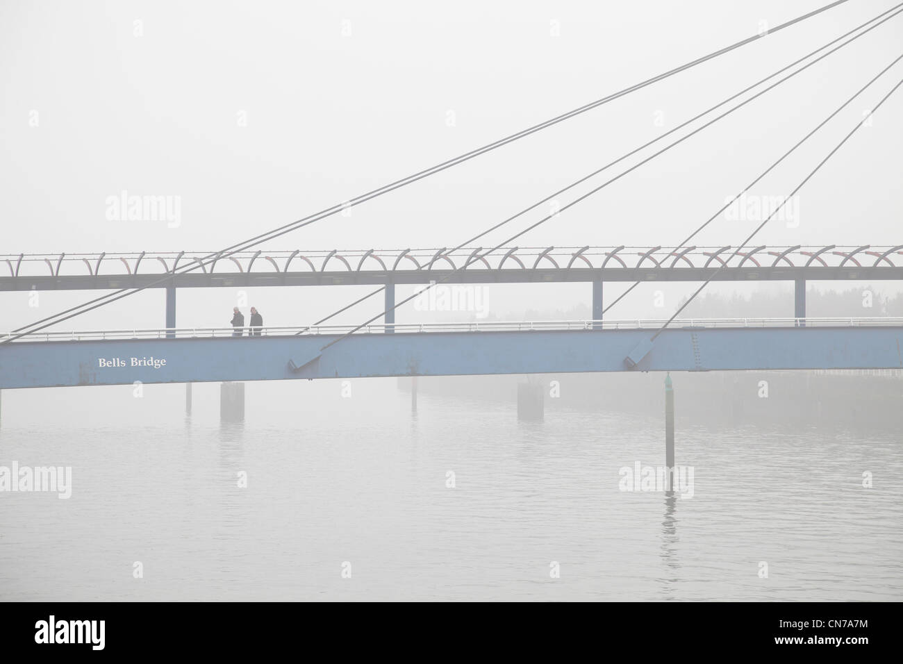 Bells Bridge over the River Clyde in fog, Glasgow, Scotland, UK Stock Photo