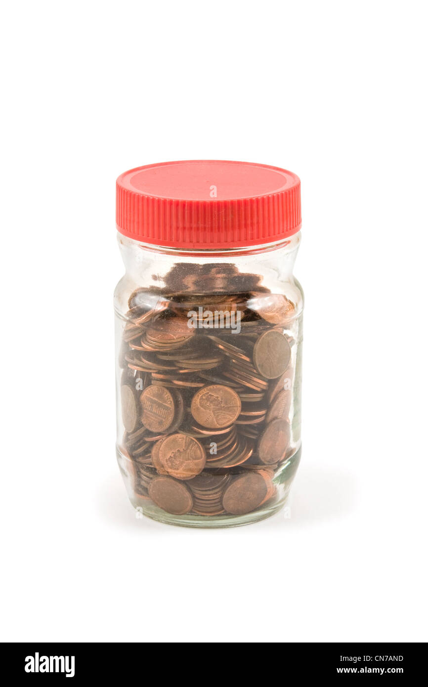 American Pennies in jar on white background. Stock Photo
