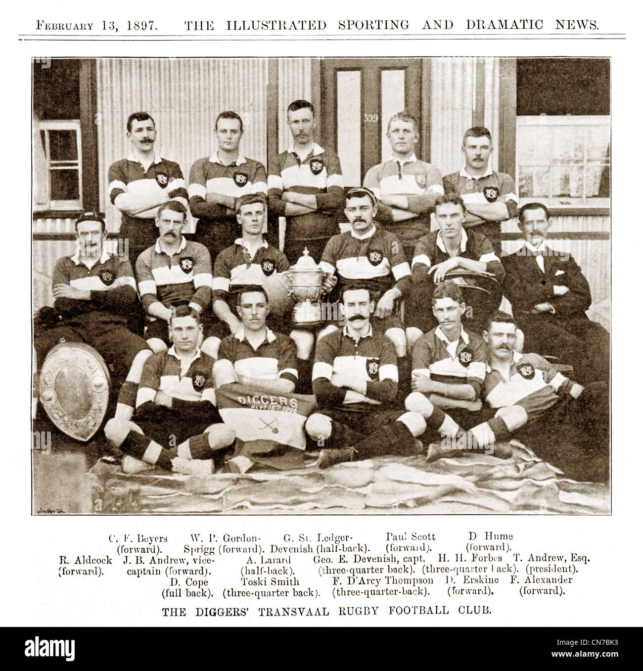 Diggers Transvaal RFC, 1896 team photo of the holders of the South African Transvaal Rugby Cup, mining employees on the Rand Stock Photo