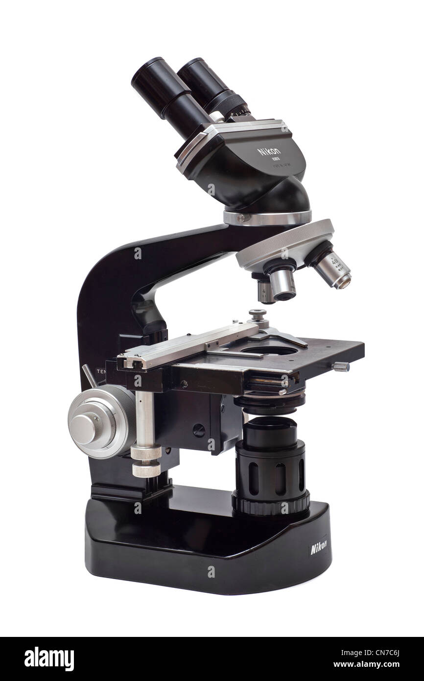 Nikon vintage compound microscope K series cut-out white background Stock Photo