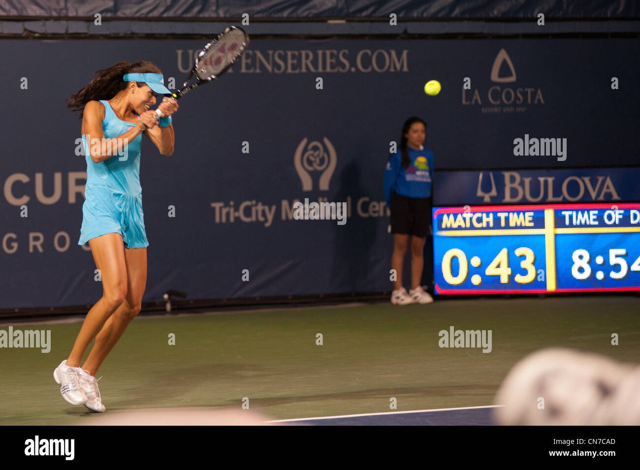 Tennis player, Ana Ivanovic, returns shot at La Costa Resort during the Mercury Insurance Open. Stock Photo