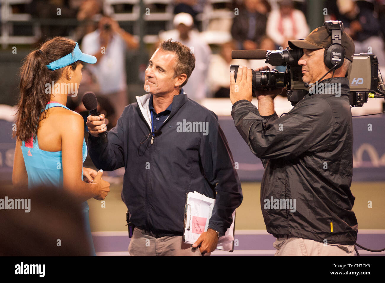 Tennis player, Ana Ivanovic, being interviewed  after her victory at La Costa Resort. Stock Photo