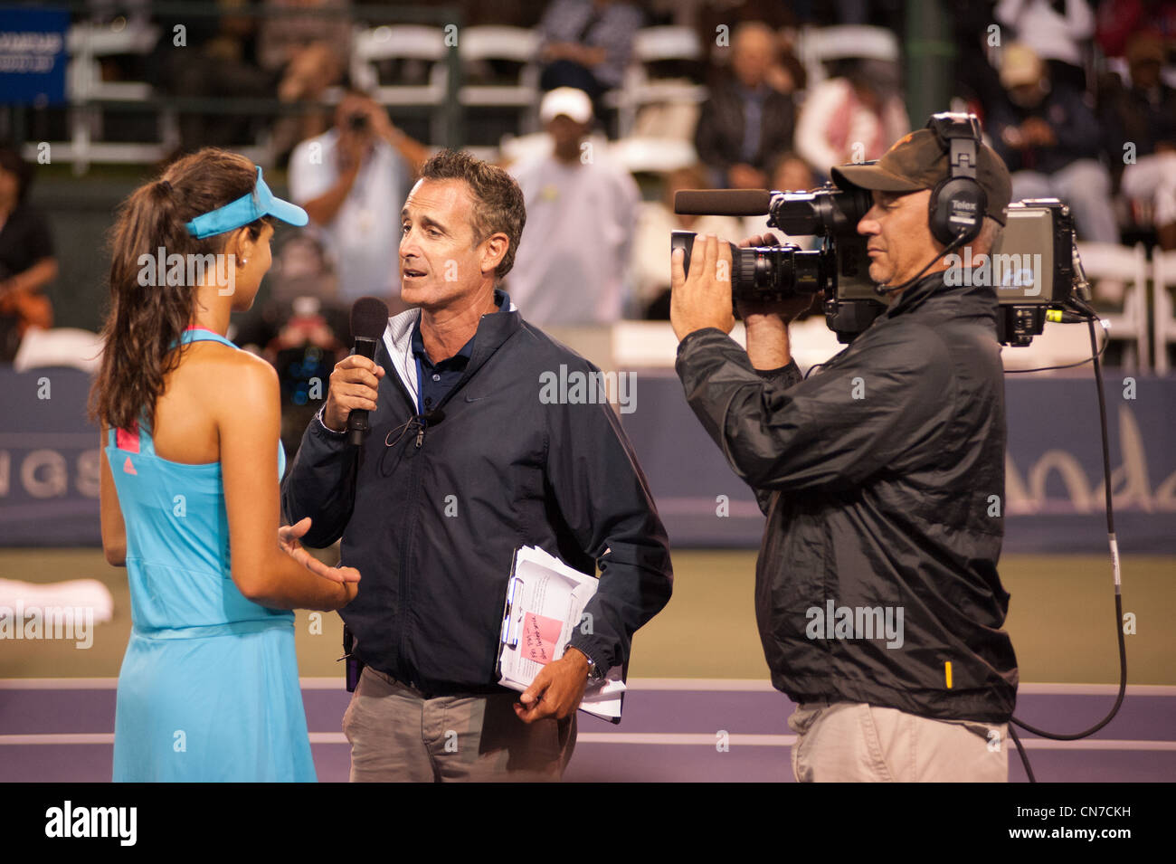 Tennis player, Ana Ivanovic, being interviewed  after her victory at La Costa Resort. Stock Photo