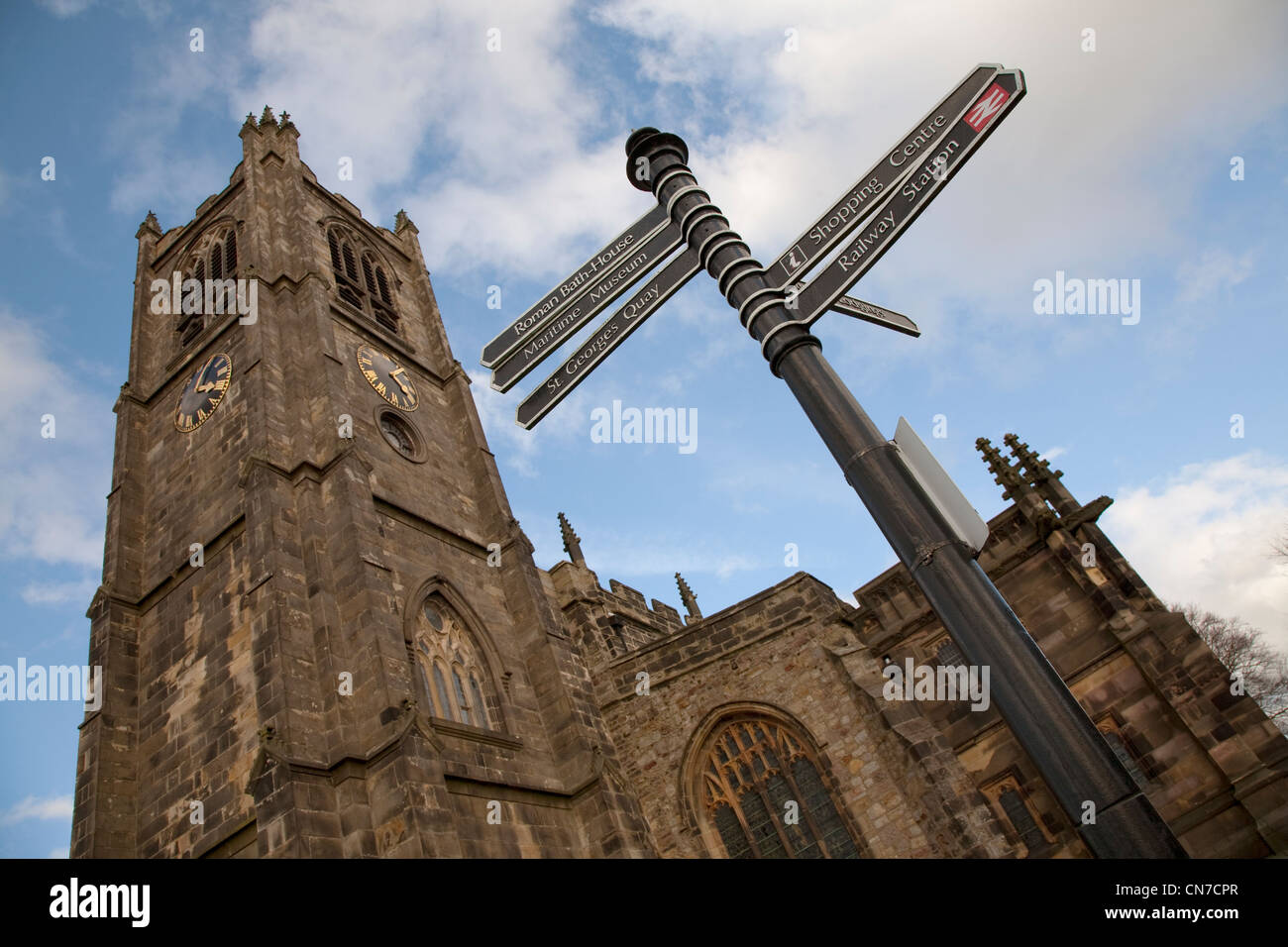 Tourist information signpost outside Lancaster Priory parish church of saint mary near the Castle in Lancaster Lancashire UK Stock Photo