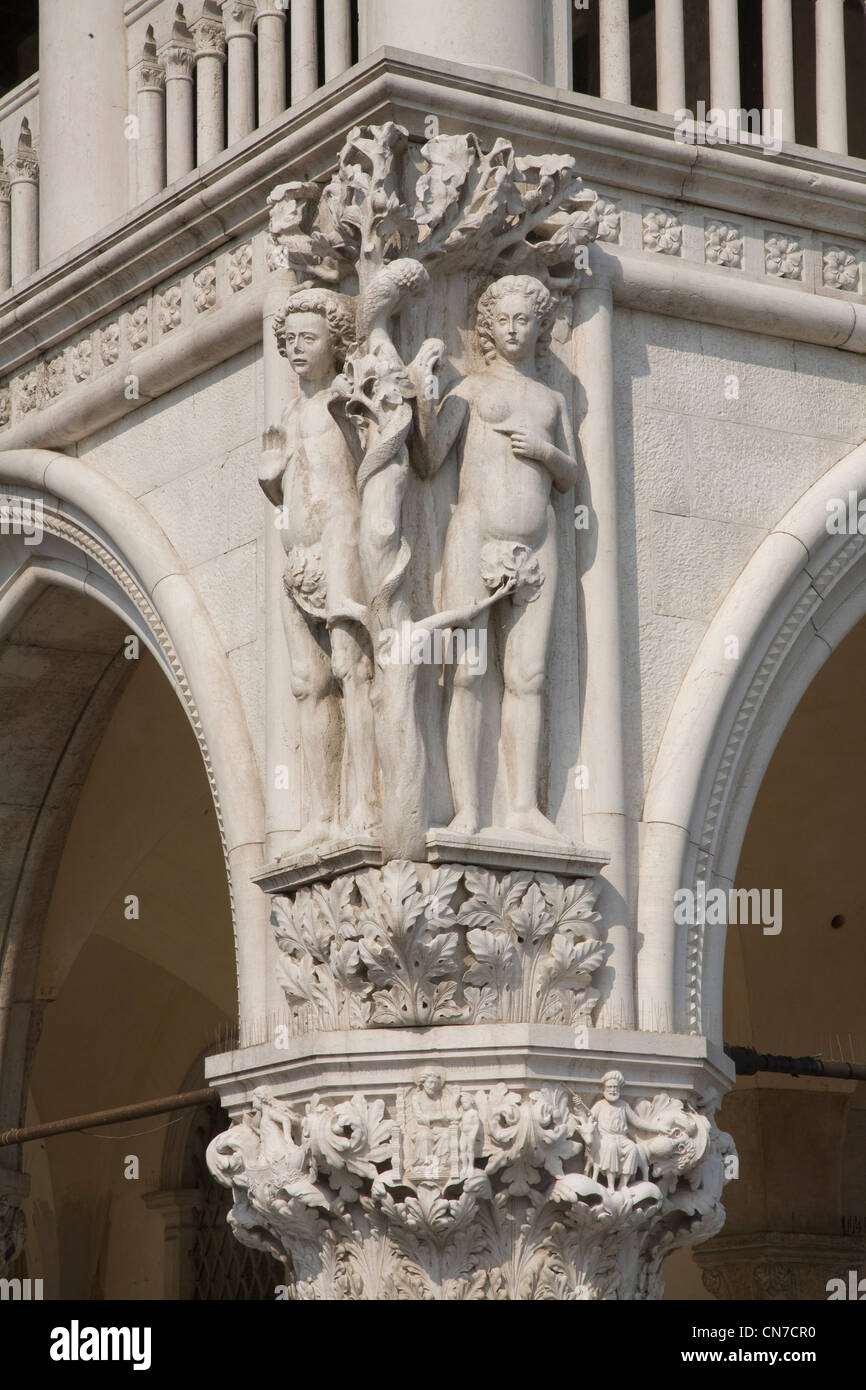 Adam & Eve stone carving, Basilica of Saint Mark, St Marks Square, Piazza San Marco Venice. Stock Photo