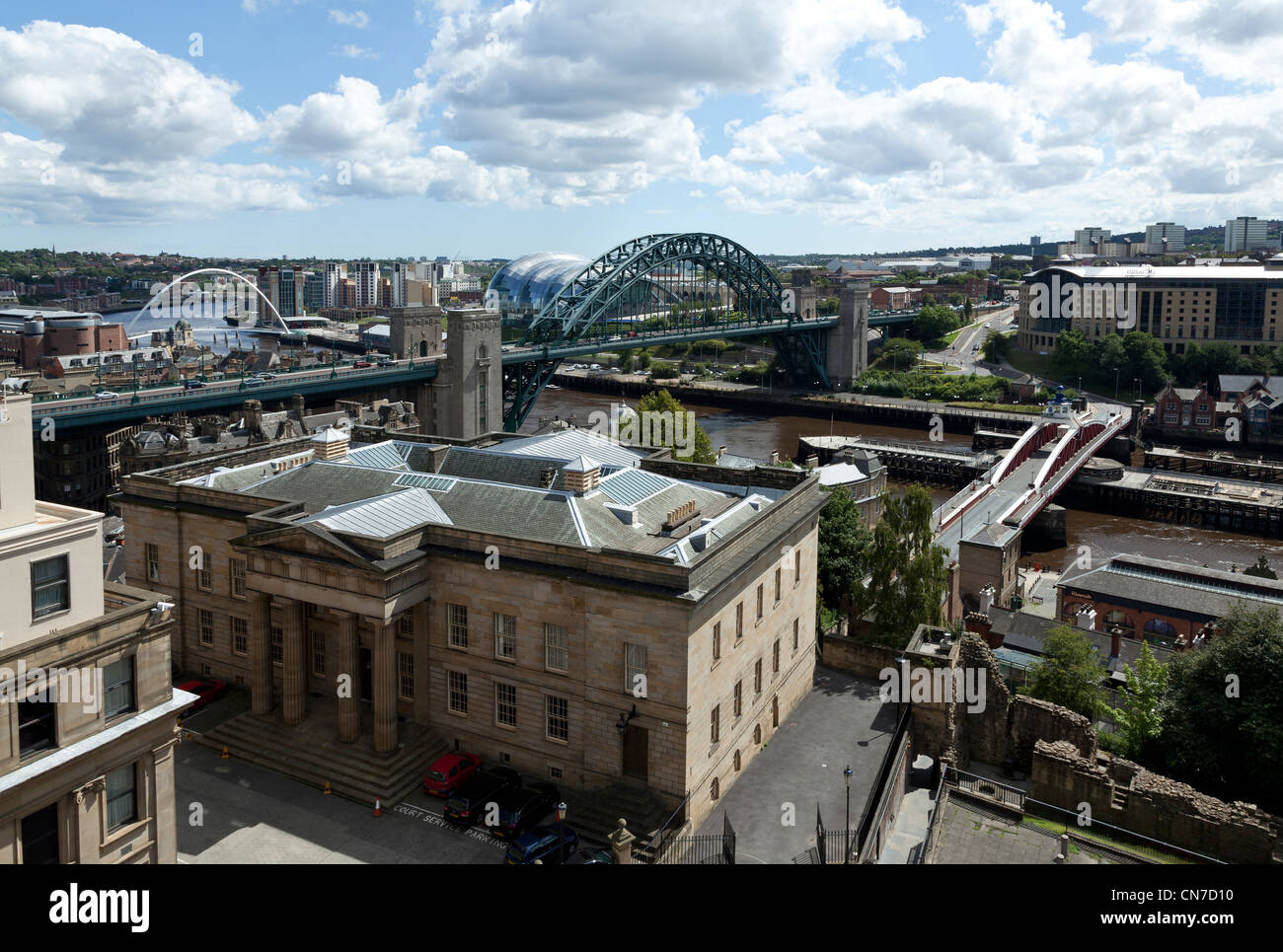 View of Newcastle Quayside from the top of the castle in Newcastle showing Tyne Bridges,over the river Tyne Stock Photo