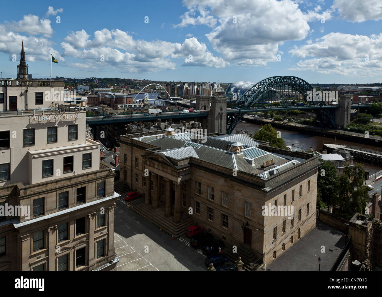 View of Newcastle Quayside from the top of the castle in Newcastle showing Tyne Bridge, Millenium Bridge, over the river Tyne Stock Photo