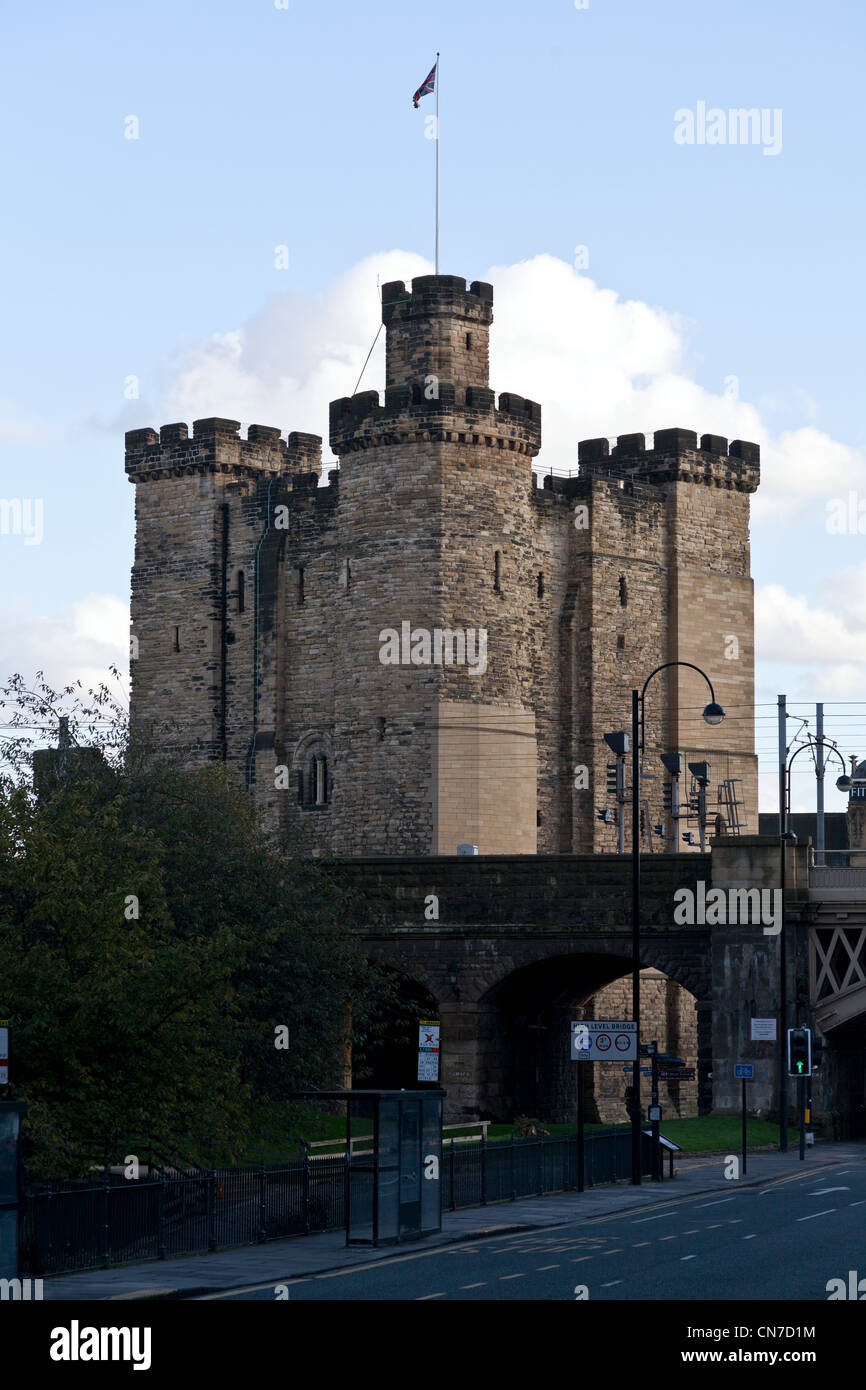 Newcastle's castle taken from Grainger street with union Jack flag flying Stock Photo