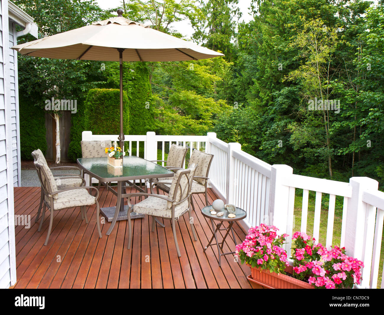 Outdoor patio built with cedar wood decking materials with trees in background Stock Photo