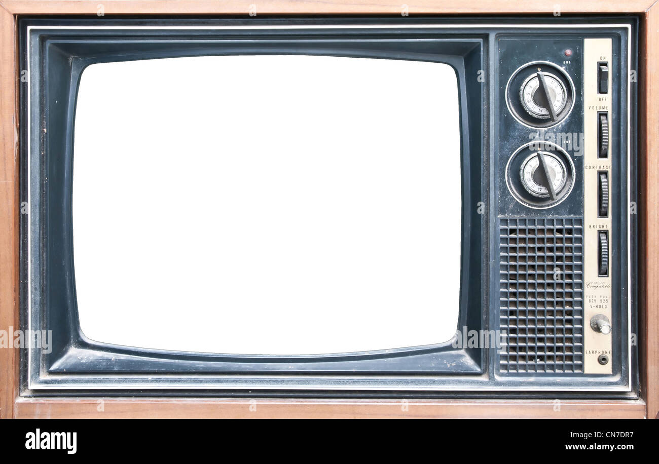Old grungy vintage TV with clipping path on screen. Stock Photo