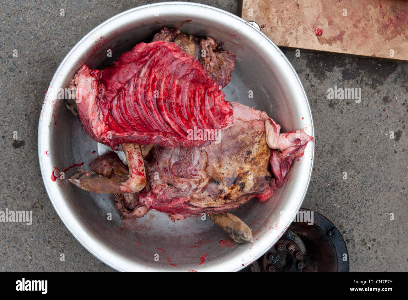 Beijing, Dongcuijia Cun. Dissected dog meat. Stock Photo