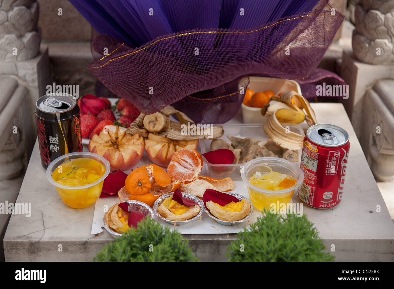 Beijing, Wanan cemetery. Grave with food and drink offerings during the Chinese national holiday