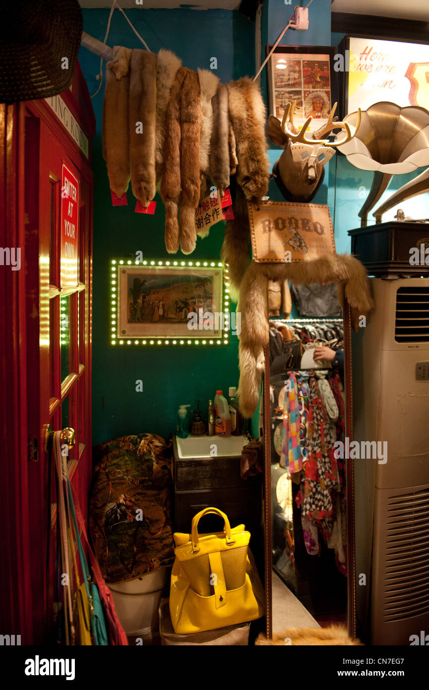 Beijing, Mega Mega Vintage store. Owner Liu Ke in front of his store in the Beijing Gulou area. Stock Photo