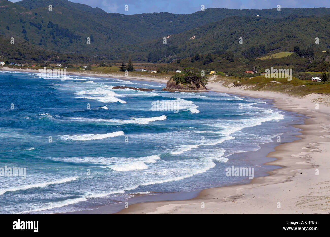 Waves, surf and sand dunes, Medlands Beach, Great Barrier Island