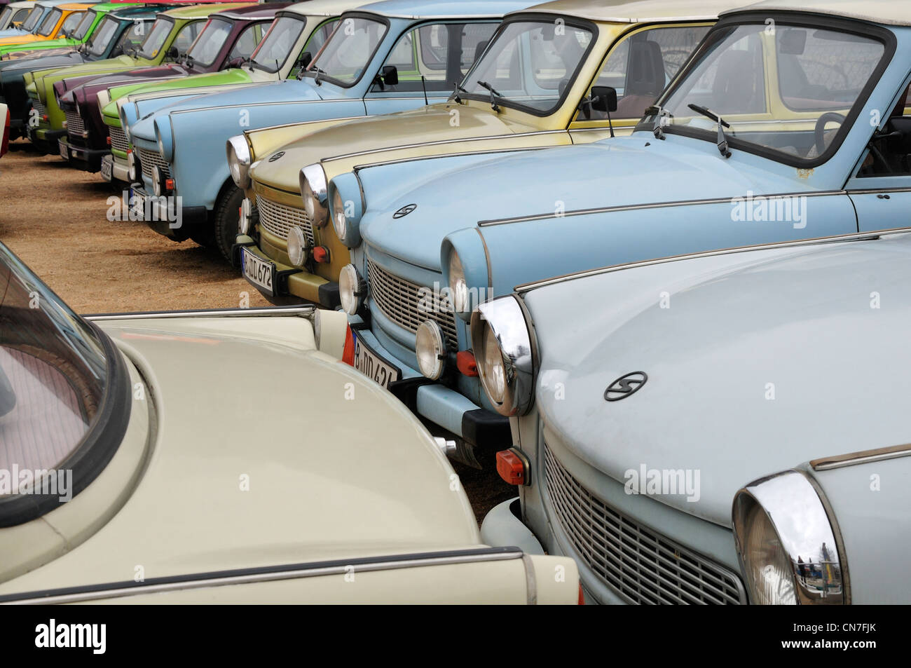 Berlin, Germany. Old Trabant cars in 'Trabi World' in Wilhelm Strasse, near Checkpoint Charlie Stock Photo