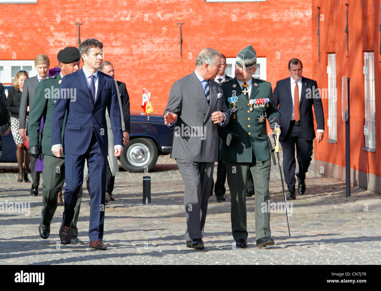 Crown Prince Charles, UK, and Crown Prince Frederik, Denmark, arriving at the citadel Kastellet in Copenhagen, Denmark. Stock Photo