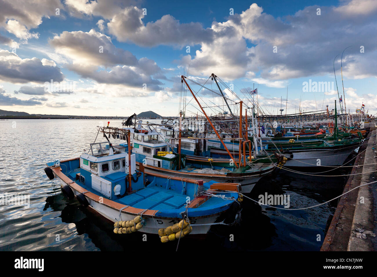 South Korea, Jeju Province, Seongsan, overview of Seongsan fishing harbour Stock Photo