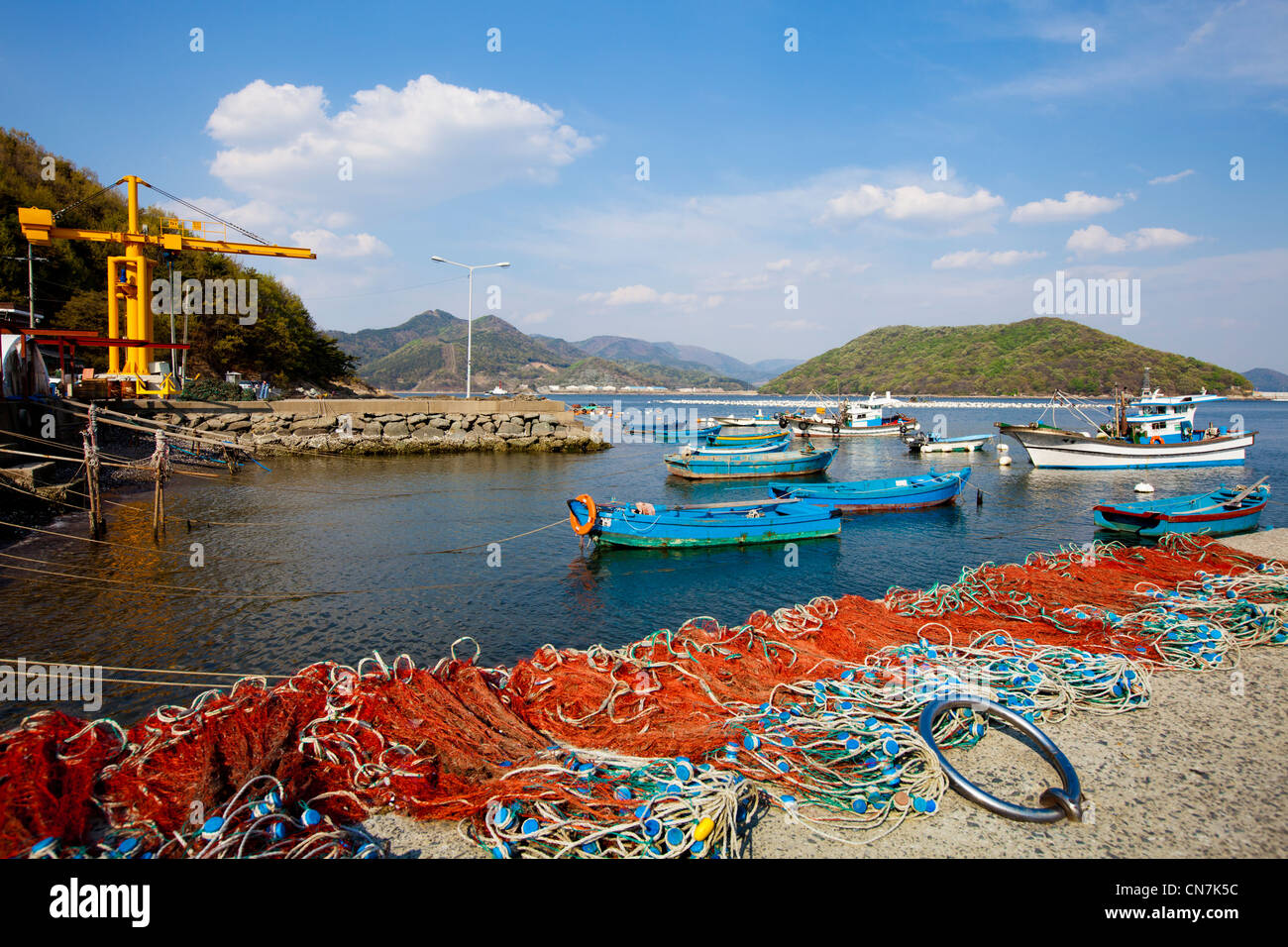 South Korea, South Gyeongsang Province, Masan, Deokdong harbour, fishing nets and boats Stock Photo
