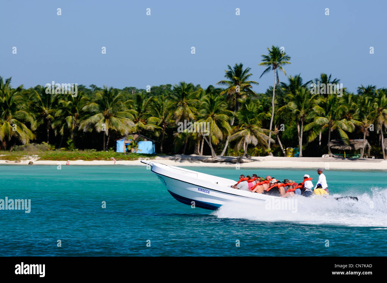 Dominican Republic, La Romana province, Bayahibe, tourists on excursions to Saona Island on a speedboat in the Caribbean Sea Stock Photo