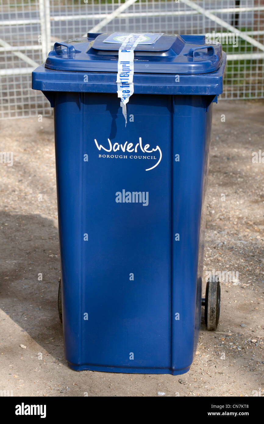 New recycling wheelie bin, distributed to residents in Surrey by Waverley Council, to use from 16th April 2012 Stock Photo