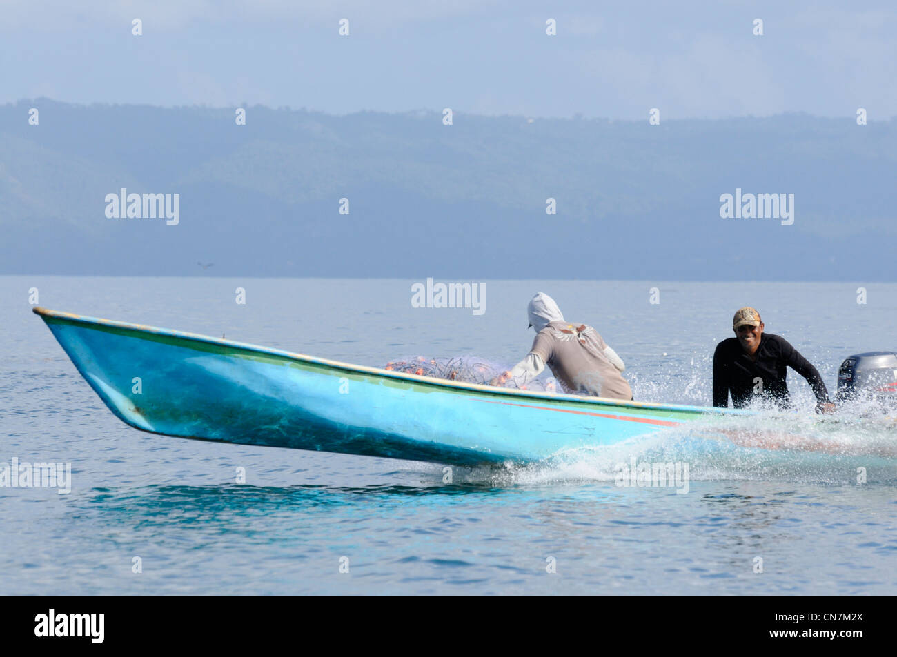 Dominican Republic, Samana peninsula, fishermen in boats in the bay of Samana Stock Photo