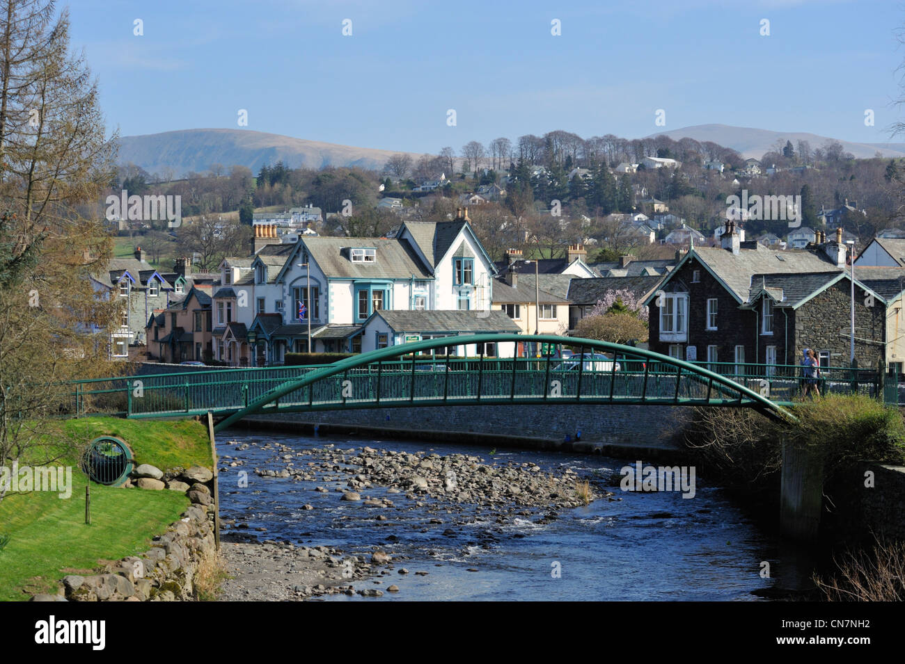 Footbridge over the River Greta. Fitz Park, Keswick, Lake District National Park, Cumbria