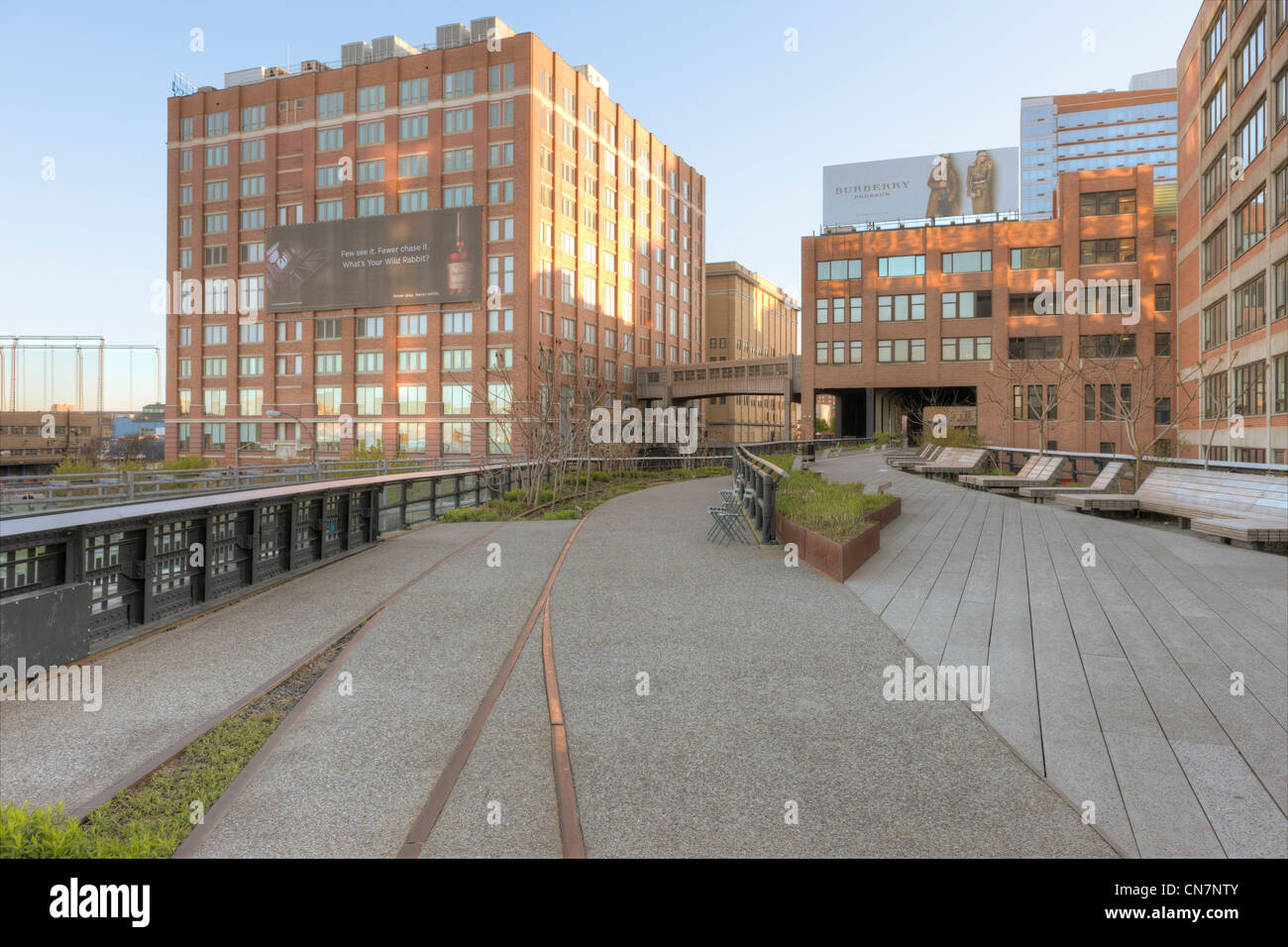 A view of the landscaping in High Line Park planted along the old railroad tracks left in place. Stock Photo