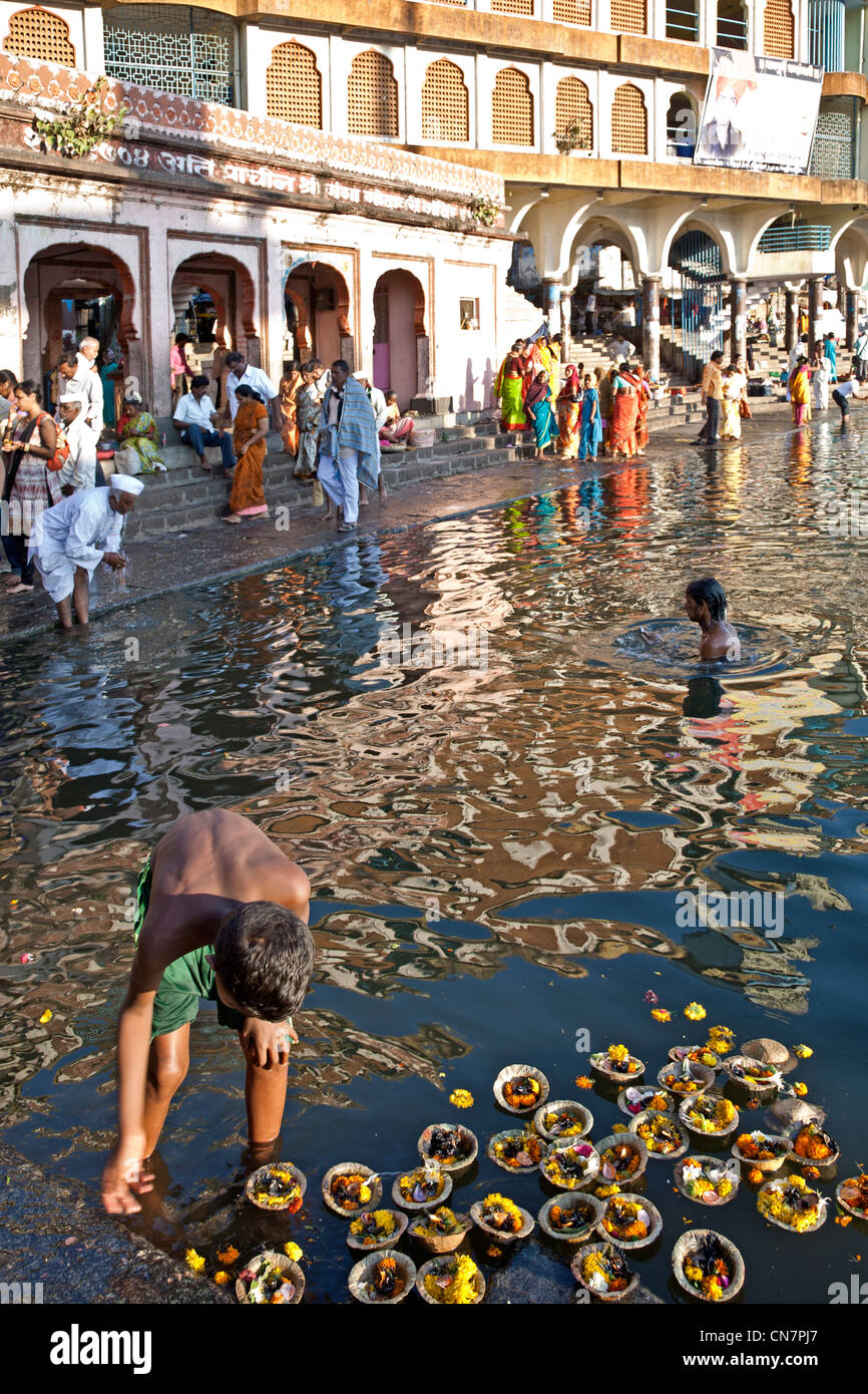 Floating lamps. Ram Kund. Godavari river. Nasik. India Stock Photo