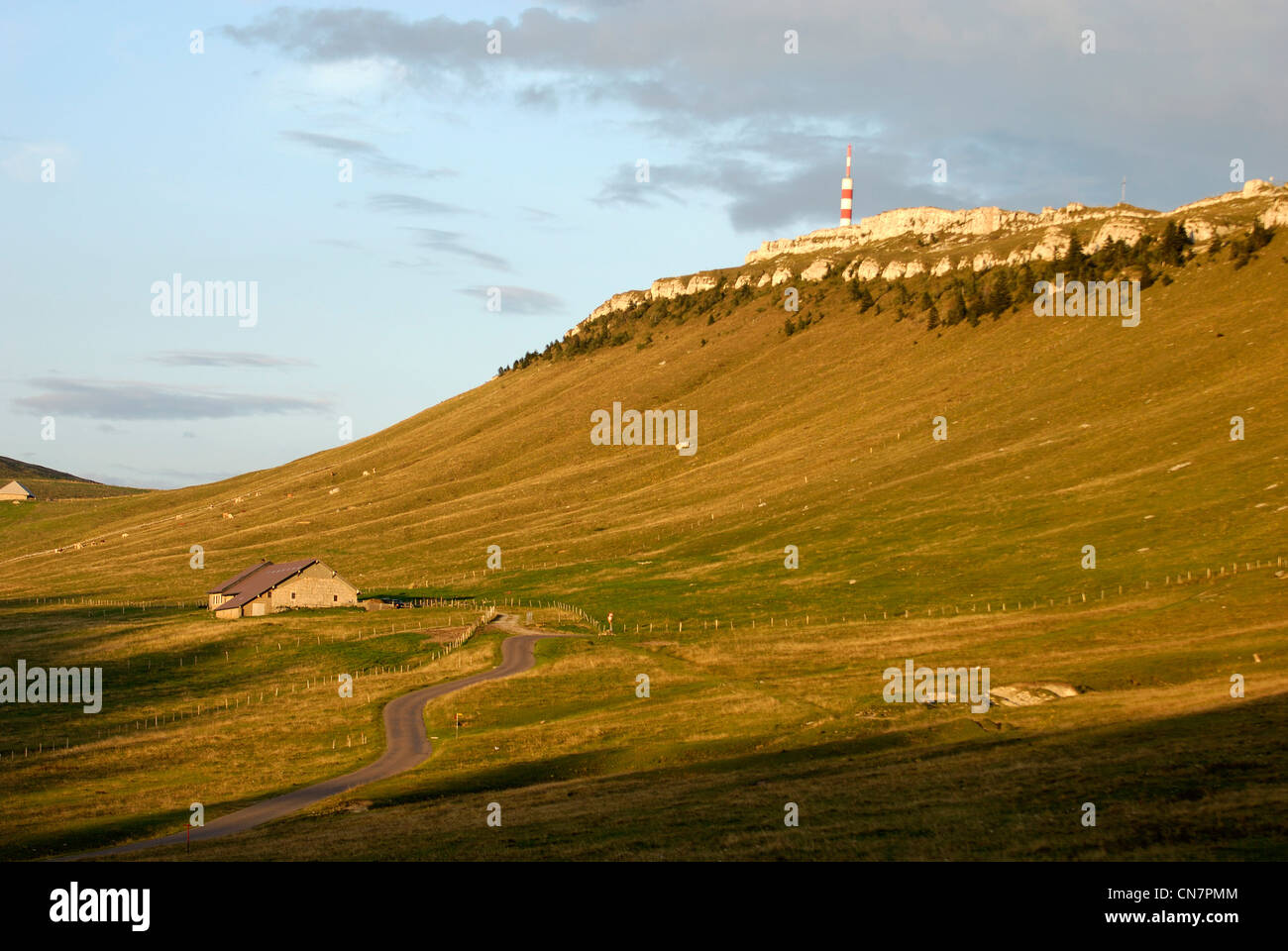 Switzerland, Chasseral Mountaintop in the Swiss Jura Massif, Canton of  Bern, Military and TV transmitter at sunset Stock Photo - Alamy